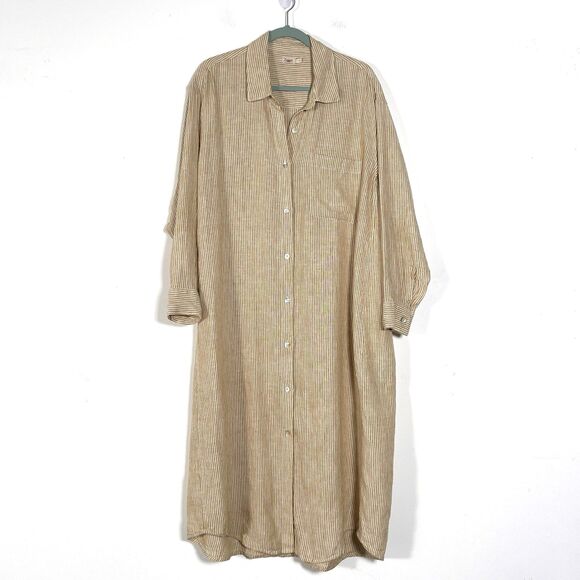 Faherty Laguna Linen Relaxed Shirt Dress Womens Sz L Golden Stripe Long Sleeve - Picture 4 of 14